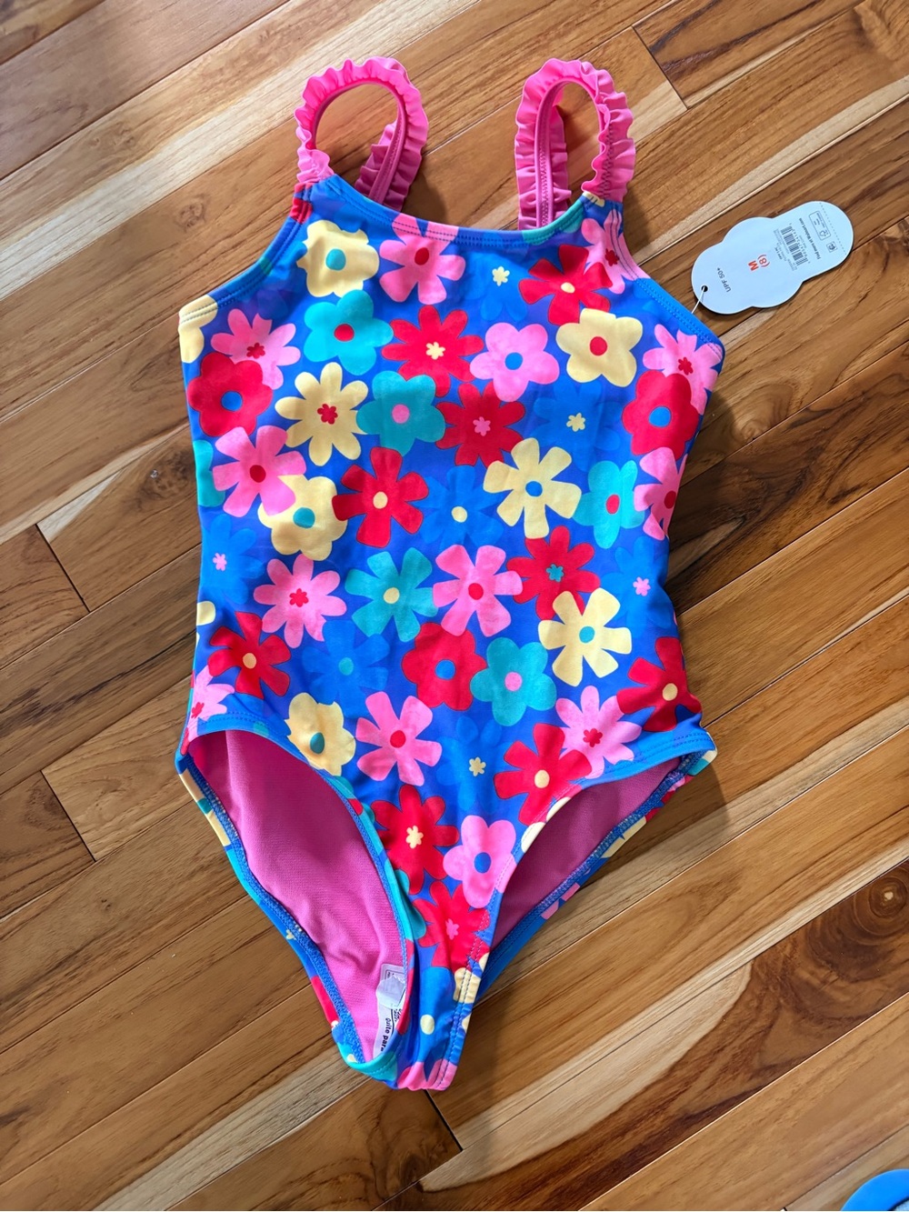 Blue Floral One-Piece Swimsuit with Pink Ruffled Straps